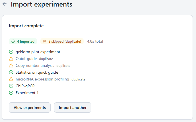 Clarida import-complete screen showing four experiments imported and three duplicates skipped, with a total elapsed time of 4.8 seconds.