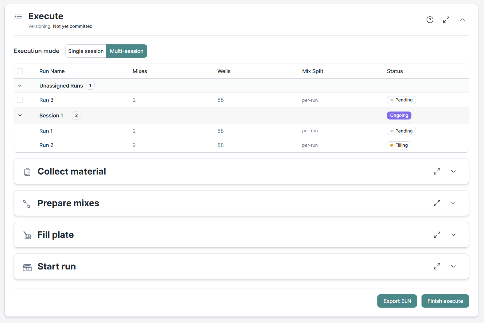 Execute section in multi-session mode showing a session table with two assigned runs, status badges, and the execution workflow steps: Collect material, Prepare mixes, Fill plate, and Start run