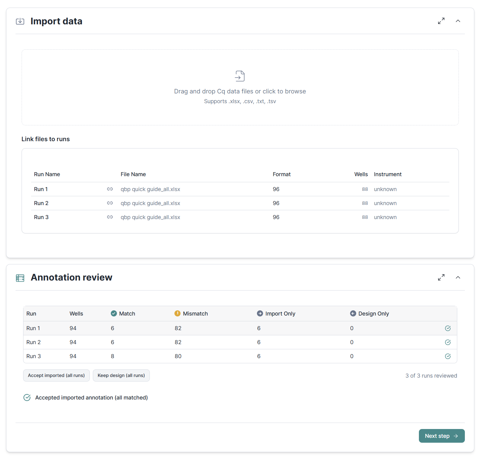 Import data section with drag-and-drop file upload, a table linking three Excel files to runs with well counts and format details, and Annotation review showing match/mismatch counts per run