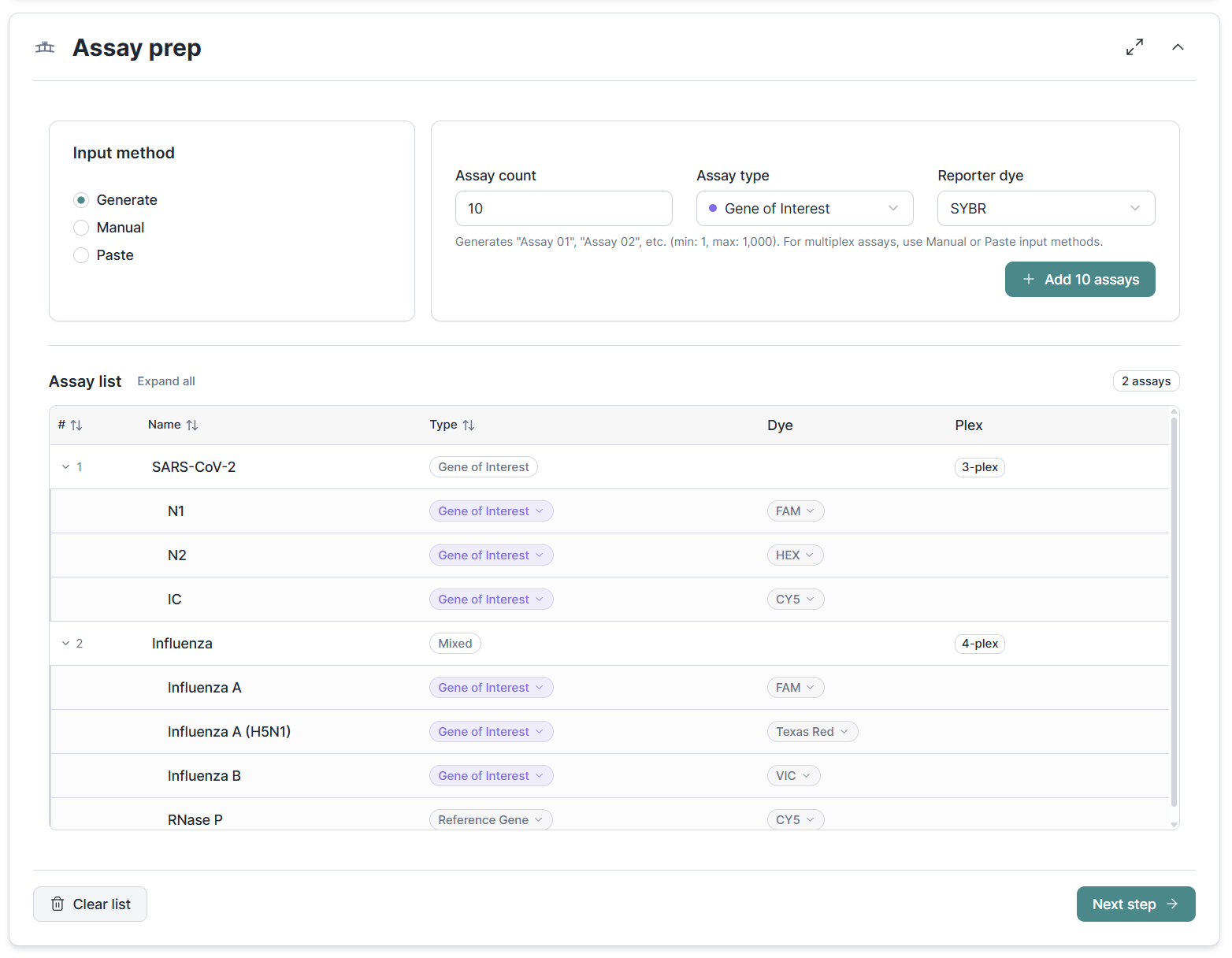 Assay prep showing expandable multiplex assays: SARS CoV-2 with three targets (N1, N2, IC) and Influenza with four targets (Influenza A, A (H5N1), B, RNase P), each with individual dye and type assignments
