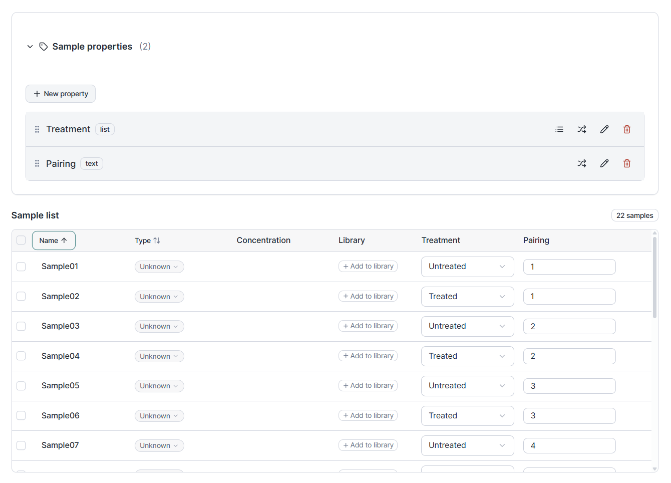 Sample Prep table with several custom property columns added alongside the standard sample fields