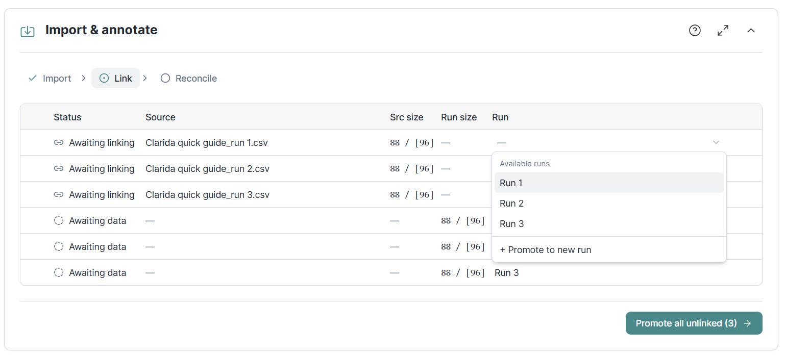 The unified Import & annotate section: a step rail (Import, Link, Reconcile) above a single table listing each detected source and run with its status, occupied/capacity counts, and a Source provenance column, with a first-rows preview of the selected source