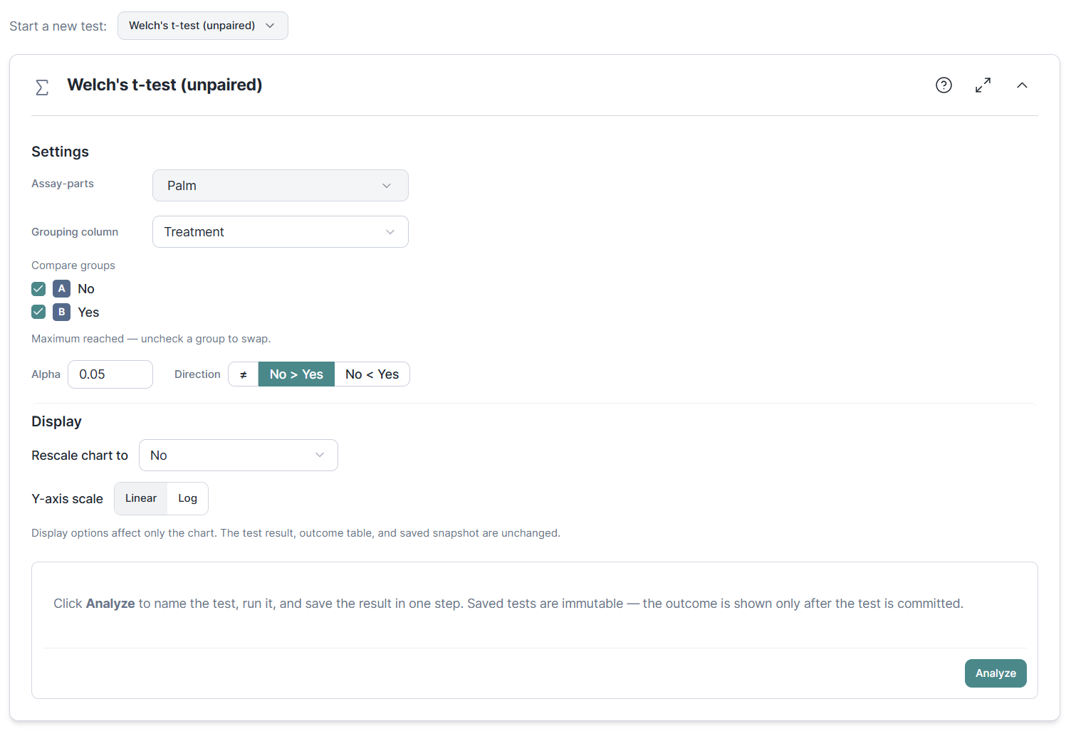 Setting up a Welch's t-test (unpaired): a test picker plus a settings form for assay-part Palm, grouping column Treatment, the two compared groups (No vs Yes), alpha 0.05, and a one-sided direction (No > Yes), with an Analyze button to compute and save in one step