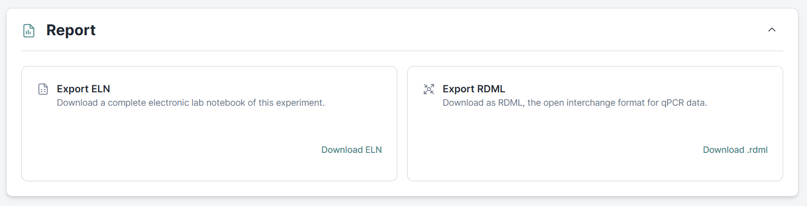 The Report section of an experiment showing two export cards side by side: Export ELN ('Download a complete electronic lab notebook of this experiment', with a Download ELN action) and Export RDML ('Download as RDML, the open interchange format for qPCR data', with a Download .rdml action)