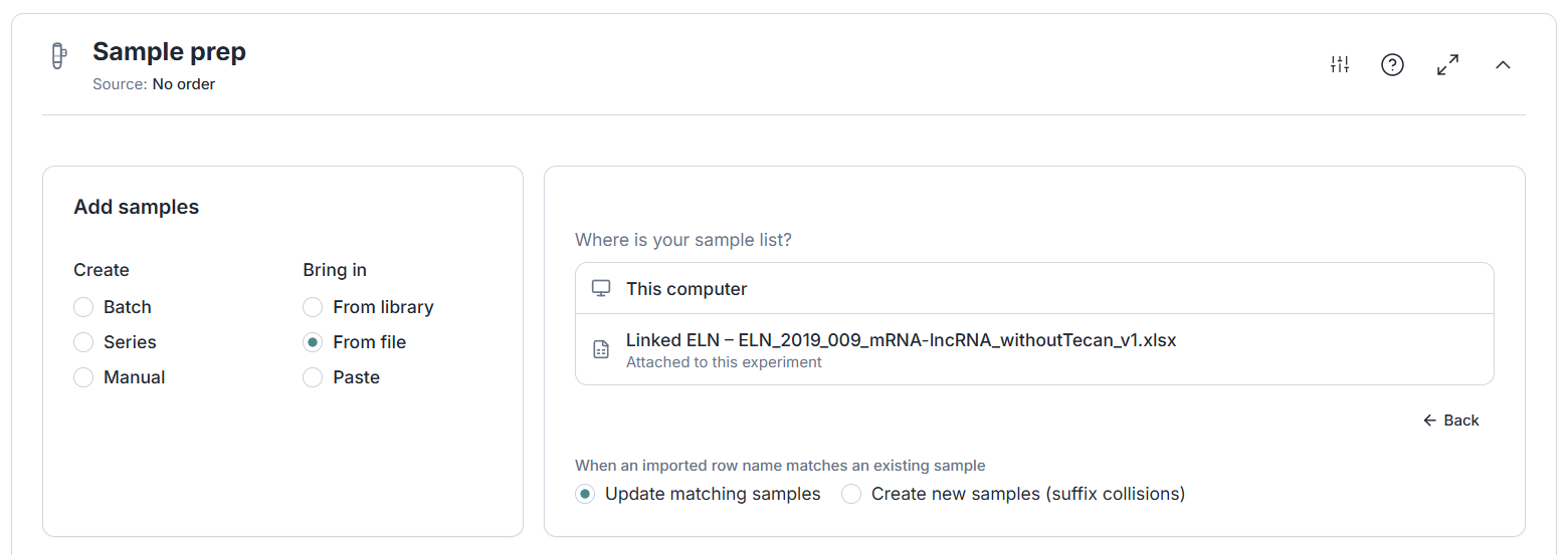 The Sample prep section with Add samples set to From file, and a 'Where is your sample list?' source list offering This computer and Linked ELN – ELN_2019_009_mRNA-lncRNA_withoutTecan_v1.xlsx, labelled as attached to this experiment