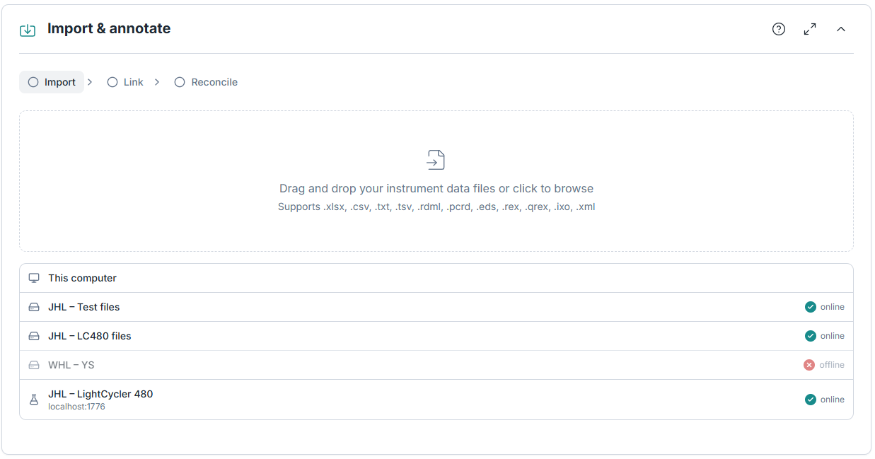 The Import and annotate section at its Import step, with a drop zone reading 'Drag and drop your instrument data files or click to browse' and listing the supported extensions: .xlsx, .csv, .txt, .tsv, .rdml, .pcrd, .eds, .rex, .qrex, .ixo and .xml. Below it, a source list offers This computer, three connector-served folders (JHL Test files and JHL LC480 files, both online; WHL YS, greyed out and marked offline), and a JHL LightCycler 480 instrument at localhost:1776, marked online