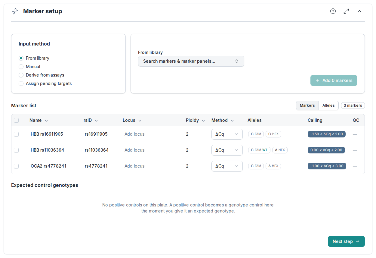 The Marker setup section. An Input method card offers From library, Manual, Derive from assays and Assign pending targets. Below it, the Marker list shows three ΔCq markers, HBB rs16911905, HBB rs11036364 and OCA2 rs4778241, each with its rsID, ploidy 2, its two alleles with their dyes, and a ΔCq window in the Calling column. An Expected control genotypes block says there are no positive controls on this plate yet