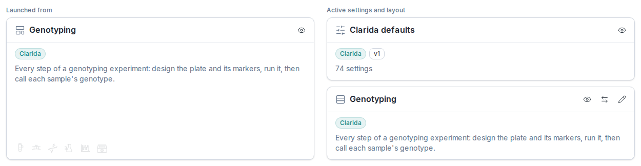 The setup area of Define. On the left, under Launched from, the Genotyping preset with a Clarida pill. On the right, under Active settings and layout, the settings card: Clarida defaults, with a Clarida pill, a v1 badge and the line 74 settings, and an eye icon; below it the workflow layout card for Genotyping