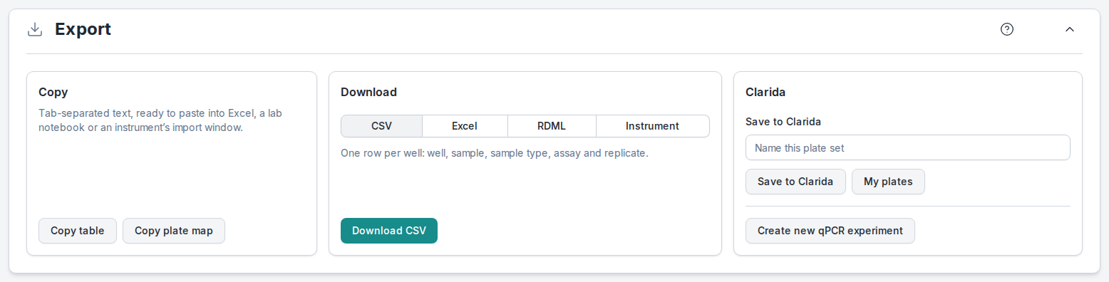 The Export section with three cards. Copy: 'Tab-separated text, ready to paste into Excel, a lab notebook or an instrument's import window', with Copy table and Copy plate map. Download: a format toggle with CSV selected, Excel, RDML and Instrument, the line 'One row per well: well, sample, sample type, assay and replicate.' and the button Download CSV. Clarida: Save to Clarida with the field 'Name this plate set', the buttons Save to Clarida and My plates, and below a divider Create new qPCR experiment