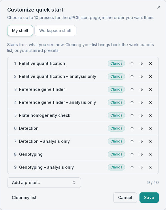 The Customize quick start dialog: 'Choose up to 10 presets for the qPCR start page, in the order you want them.' Two tabs, My shelf and Workspace shelf, with My shelf selected. A numbered list of nine Clarida presets, from Relative quantification to Genotyping – analysis only, each with up and down arrows and a remove cross. Below, Add a preset… and a 9 / 10 count, then Clear my list, Cancel and Save