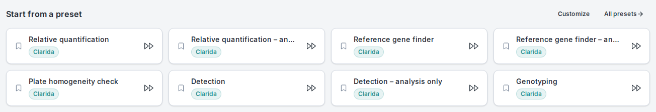 The Start from a preset shelf on the qPCR page, with Customize and All presets at the top right. Eight cards, each with a bookmark icon, a Clarida pill and a fast-forward button: Relative quantification, Relative quantification – analysis only, Reference gene finder, Reference gene finder – analysis only, Plate homogeneity check, Detection, Detection – analysis only and Genotyping